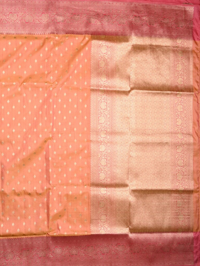 Dupion fancy saree peach color allover zari motifs & zari border with rich pallu and plain blouse
