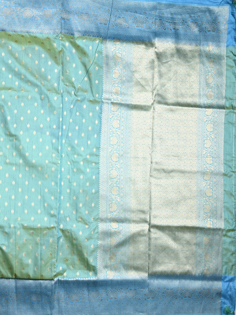 Dupion fancy saree sky blue color allover zari motifs & zari border with rich pallu and plain blouse
