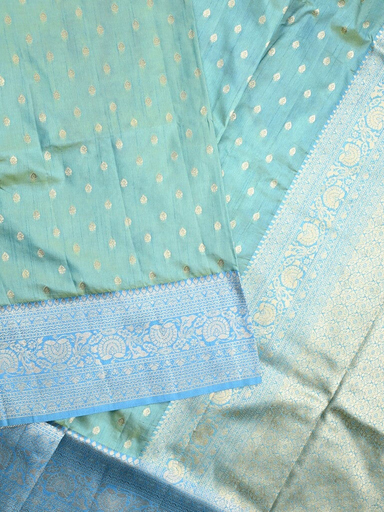 Dupion fancy saree sky blue color allover zari motifs & zari border with rich pallu and plain blouse