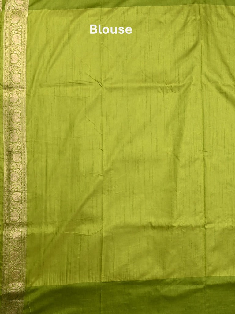 Dupion fancy saree parrot green color allover zari motifs & zari border with rich pallu and plain blouse