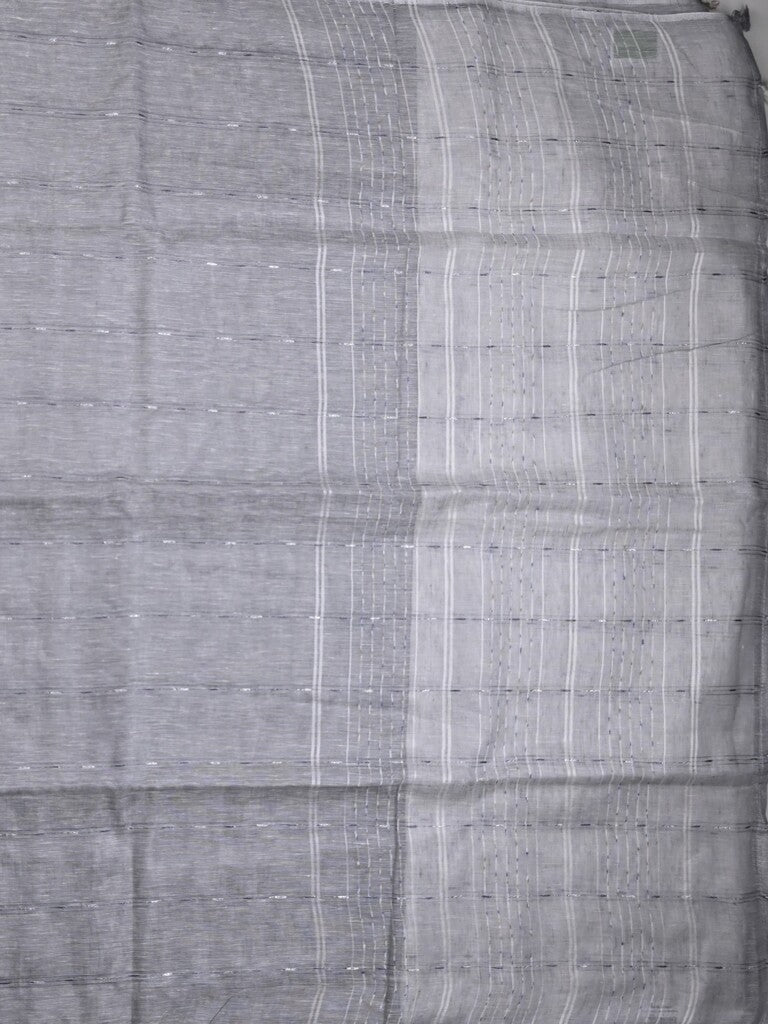 Jute lenin fancy saree grey color allover stripes with stripes pallu and attached self blouse