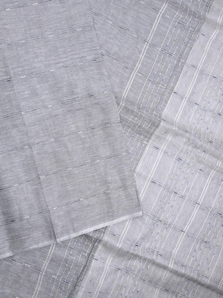 Jute lenin fancy saree grey color allover stripes with stripes pallu and attached self blouse