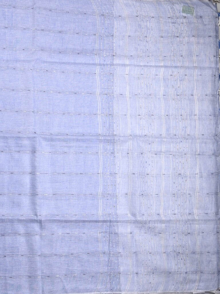 Jute lenin fancy saree light blue color allover stripes with stripes pallu and attached self blouse