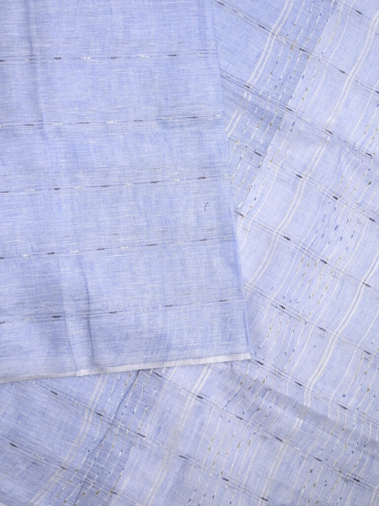 Jute lenin fancy saree light blue color allover stripes with stripes pallu and attached self blouse