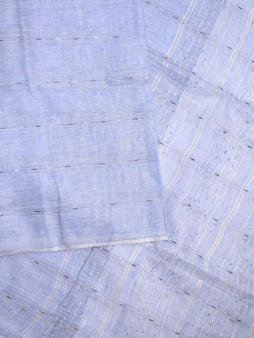 Jute lenin fancy saree light blue color allover stripes with stripes pallu and attached self blouse