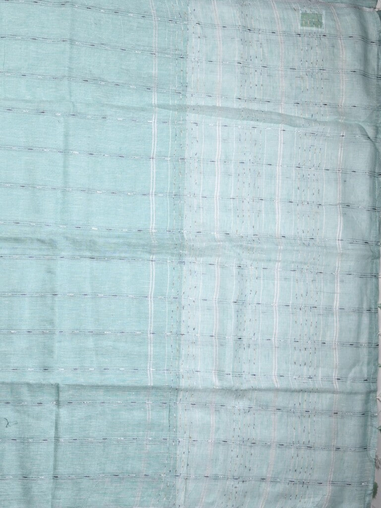 Jute lenin fancy saree pastel blue color allover stripes with stripes pallu and attached self blouse