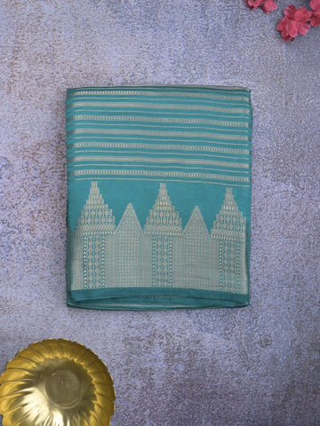 Banaras fancy saree sky blue color allover stripes & zari border with zari pallu and attached plain blouse