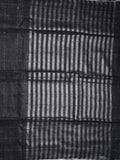 Jute lenin fancy saree black color allover stripes with stripes pallu and attached self blouse