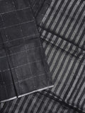 Jute lenin fancy saree black color allover stripes with stripes pallu and attached self blouse
