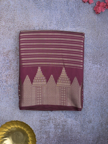 Banaras fancy saree wine color allover stripes & zari border with zari pallu and attached plain blouse