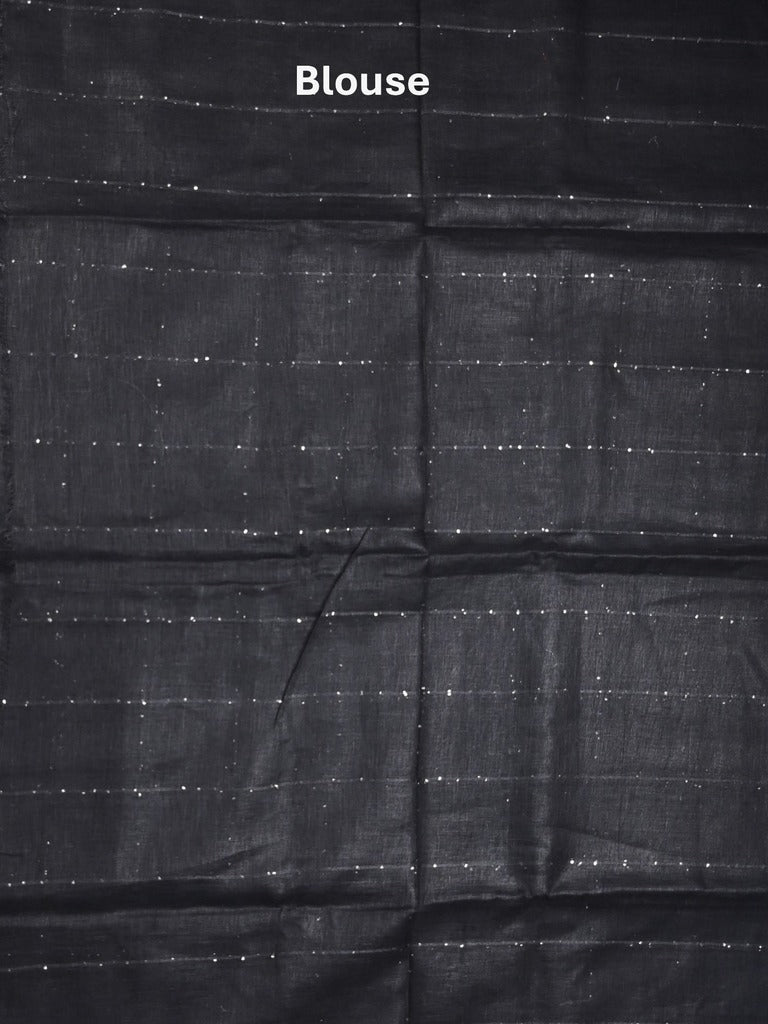 Jute lenin fancy saree black color allover stripes with stripes pallu and attached self blouse