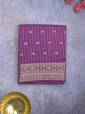 Dupion fancy saree purple color allover zari motifs & zari border with short zari pallu and contrast plain blouse