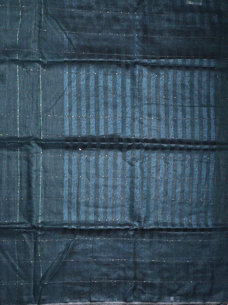 Jute lenin fancy saree navy blue color allover stripes with stripes pallu and attached self blouse