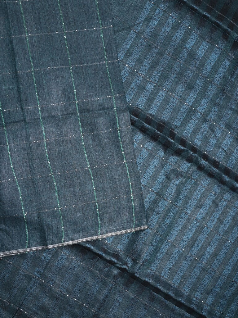 Jute lenin fancy saree navy blue color allover stripes with stripes pallu and attached self blouse