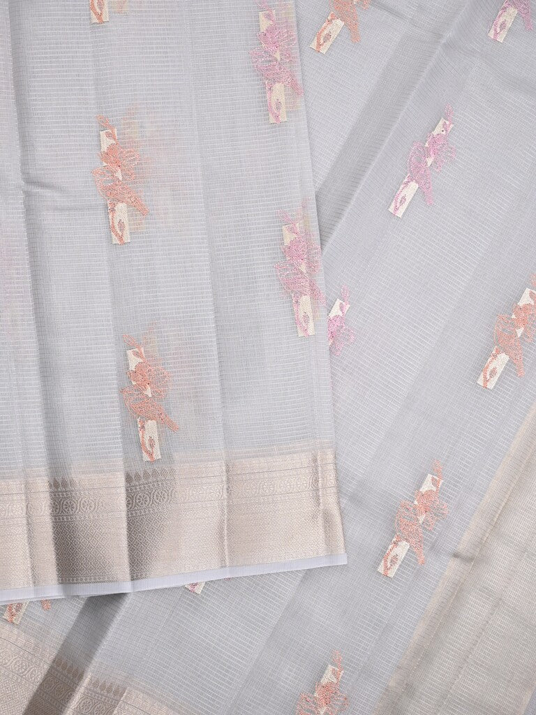 Kota fancy saree bluish grey color allover embroidery motifs & zari border with short pallu and plain blouse