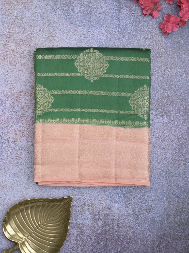 Raw mango pattu saree bottle green color allover zari weaves & zari border with rich pallu and contrast plain blouse