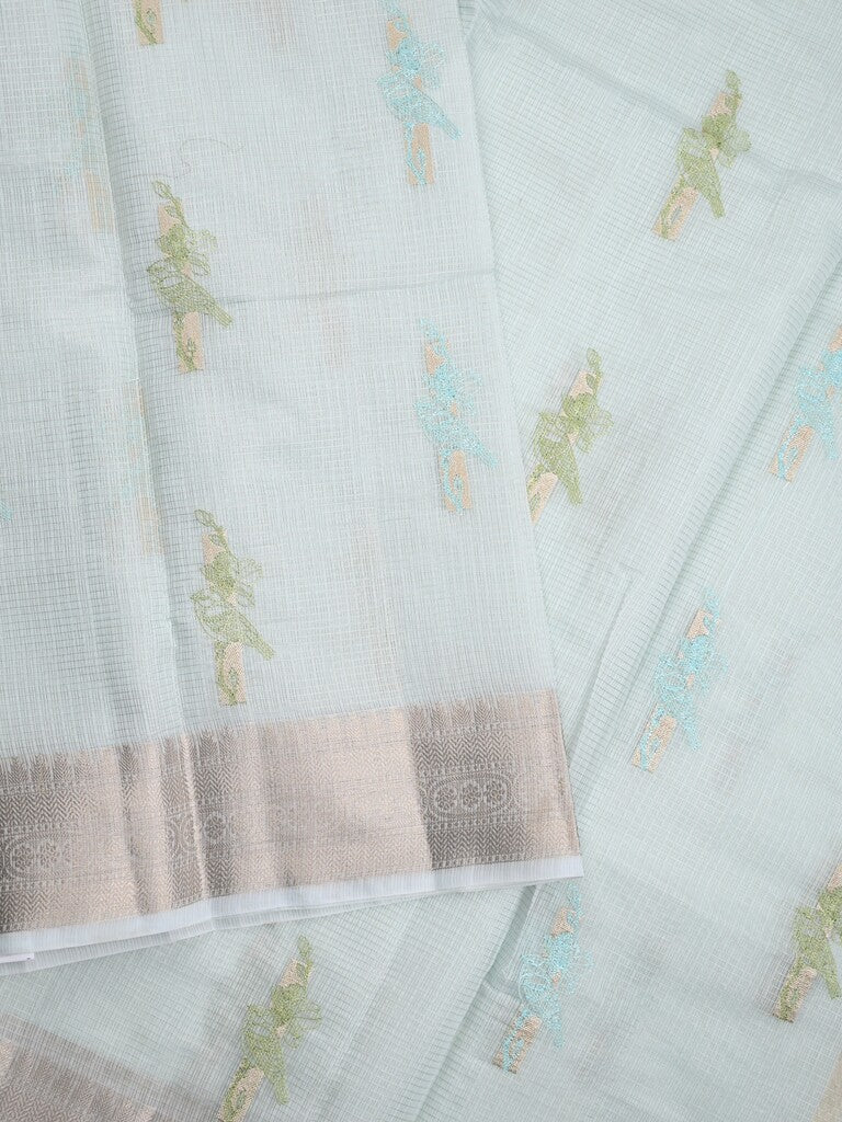 Kota fancy saree pastel blue color allover embroidery motifs & zari border with short pallu and plain blouse
