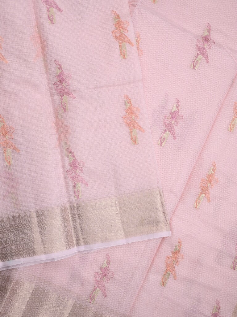Kota fancy saree pastel pink color allover embroidery motifs & zari border with short pallu and plain blouse