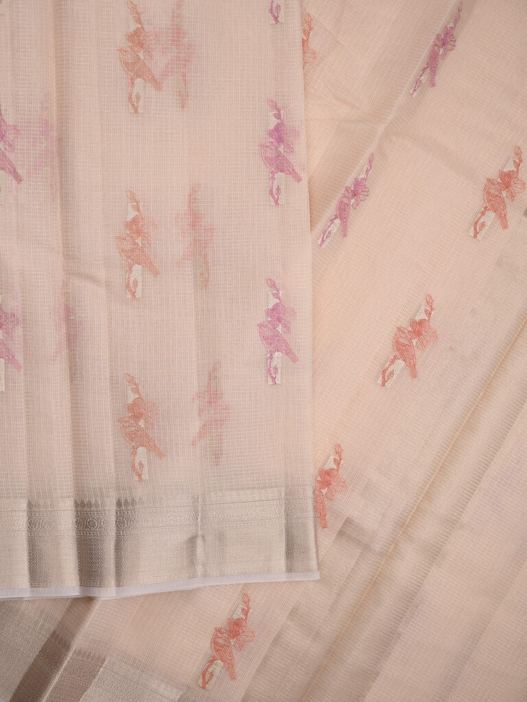 Kota fancy saree pastel peach color allover embroidery motifs & zari border with short pallu and plain blouse
