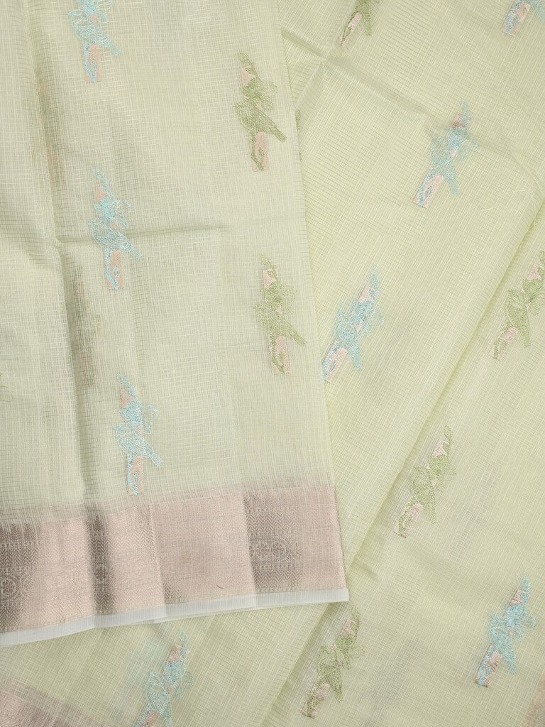 Kota fancy saree light pastel green color allover embroidery motifs & zari border with short pallu and plain blouse