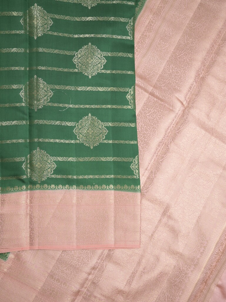 Raw mango pattu saree bottle green color allover zari weaves & zari border with rich pallu and contrast plain blouse