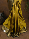 Kanchi pattu saree yellowish green color allover zari weaves & kanchi border with rich pallu and contrast plain blouse