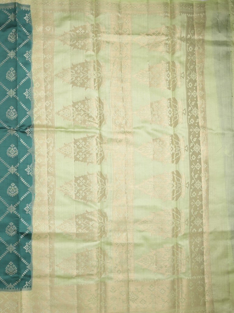 Raw mango pattu saree peacock green color allover zari weaves & zari border with rich pallu and contrast plain blouse