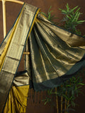 Kanchi pattu saree yellowish green color allover zari weaves & kanchi border with rich pallu and contrast plain blouse