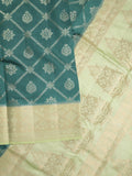 Raw mango pattu saree peacock green color allover zari weaves & zari border with rich pallu and contrast plain blouse