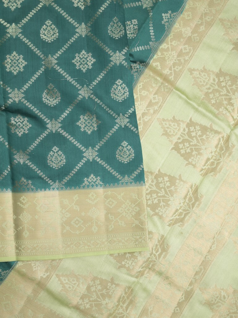 Raw mango pattu saree peacock green color allover zari weaves & zari border with rich pallu and contrast plain blouse