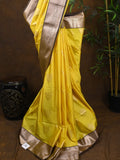 Kanchi pattu saree yellow color allover zari weaves & kanchi border with rich pallu and contrast plain blouse
