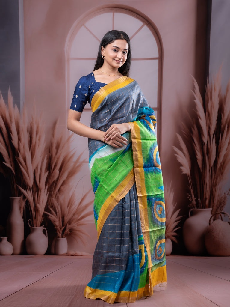 Pure tussar fancy saree parrot green color allover prints & big contrast border with contrast pallu and plain blouse