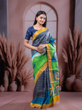 Pure tussar fancy saree parrot green color allover prints & big contrast border with contrast pallu and plain blouse