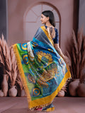 Pure tussar fancy saree parrot green color allover prints & big contrast border with contrast pallu and plain blouse