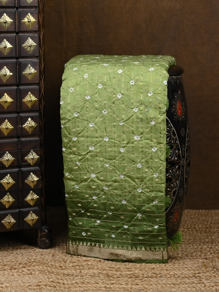 Munga bandhani fancy saree olive green color allover work & small zari border with contrast pallu and blouse