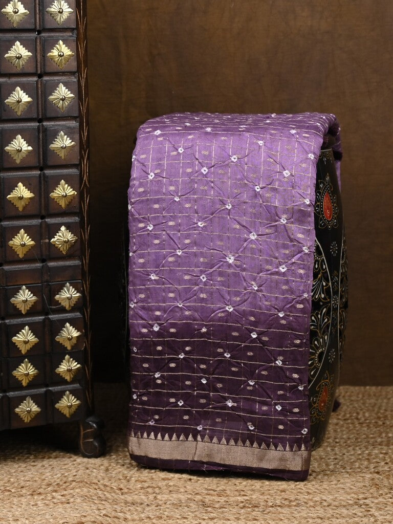 Munga bandhani fancy saree lavender color allover work & small zari border with contrast pallu and blouse