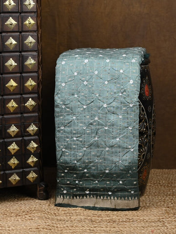 Munga bandhani fancy saree bluish grey color allover work & small zari border with contrast pallu and blouse