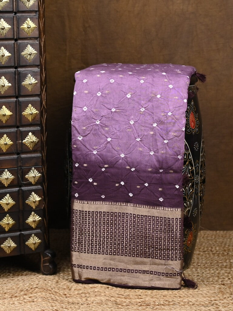Munga bandhani fancy saree lavender color allover work & zari border with contrast pallu and blouse
