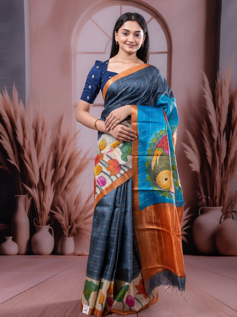 Pure tussar fancy saree grey & white color allover prints & big contrast border with contrast pallu and plain blouse
