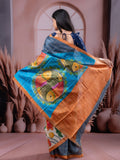 Pure tussar fancy saree grey & white color allover prints & big contrast border with contrast pallu and plain blouse