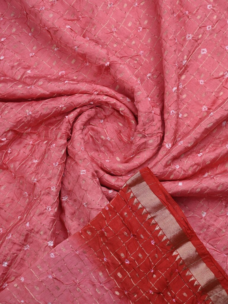 Munga bandhani fancy saree pink color allover work & small zari border with contrast pallu and blouse