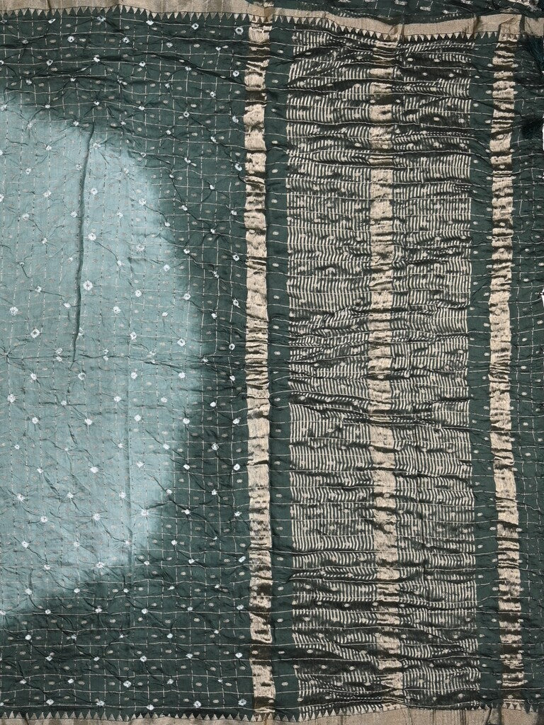 Munga bandhani fancy saree bluish grey color allover work & small zari border with contrast pallu and blouse