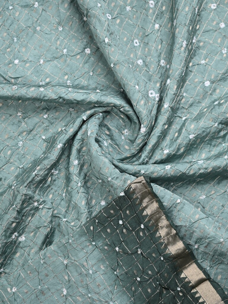 Munga bandhani fancy saree bluish grey color allover work & small zari border with contrast pallu and blouse