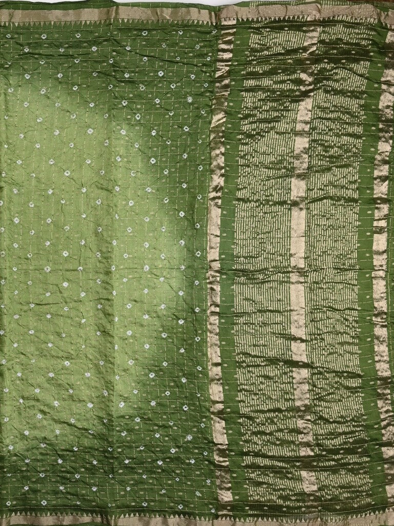 Munga bandhani fancy saree olive green color allover work & small zari border with contrast pallu and blouse