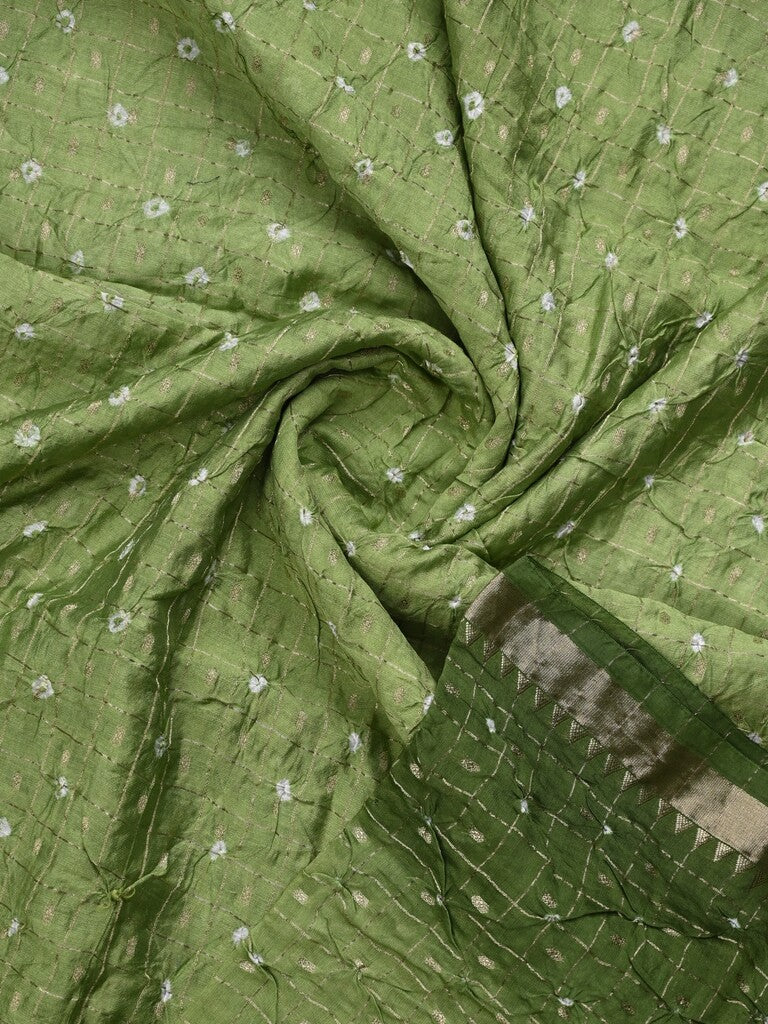 Munga bandhani fancy saree olive green color allover work & small zari border with contrast pallu and blouse