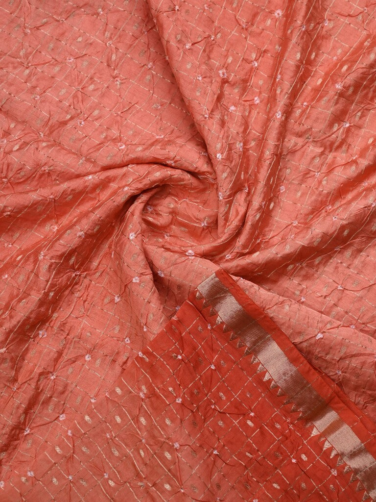Munga bandhani fancy saree peach color allover work & small zari border with contrast pallu and blouse