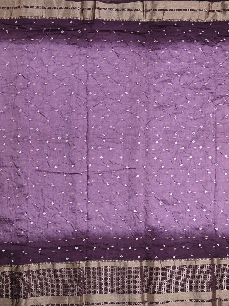 Munga bandhani fancy saree lavender color allover work & zari border with contrast pallu and blouse