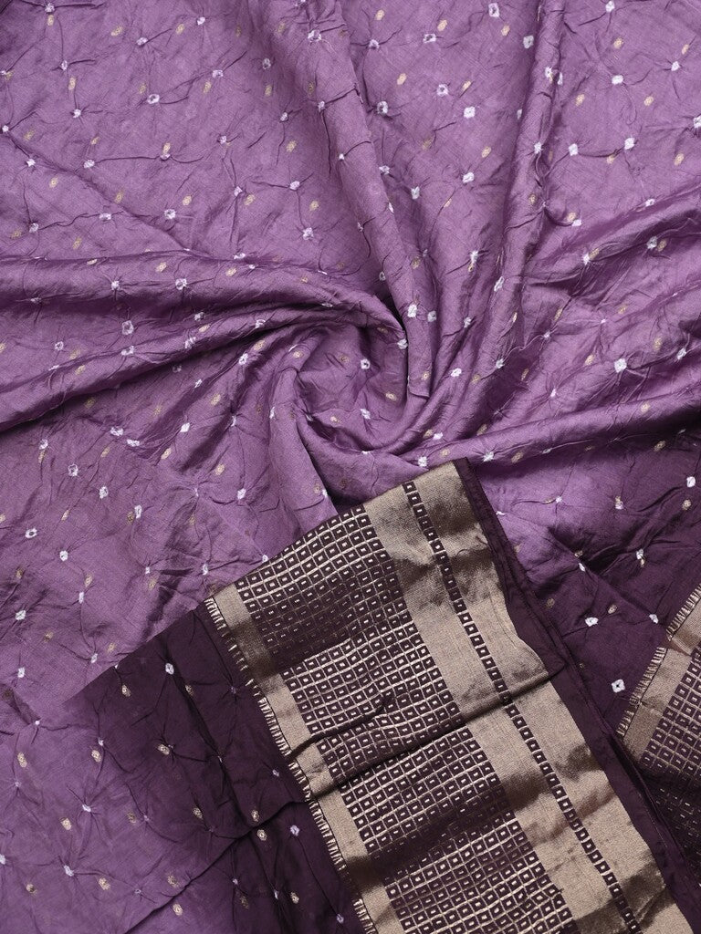 Munga bandhani fancy saree lavender color allover work & zari border with contrast pallu and blouse