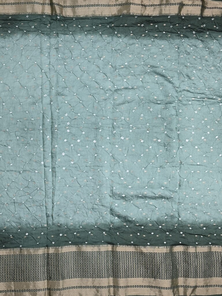 Munga bandhani fancy saree light blue color allover work & zari border with contrast pallu and blouse