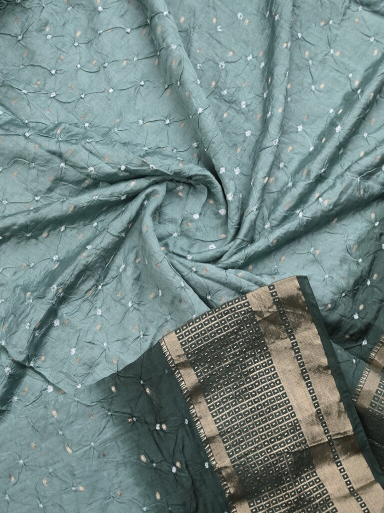 Munga bandhani fancy saree light blue color allover work & zari border with contrast pallu and blouse